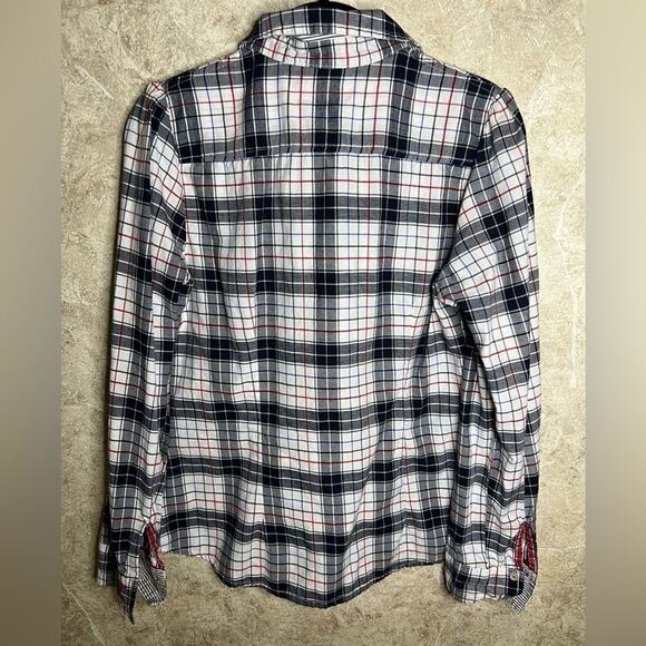 Tommy Hilfiger Plaid Flannel Ruffle Front Blouse Red, Navy, White Sz Medium - Picture 2 of 15